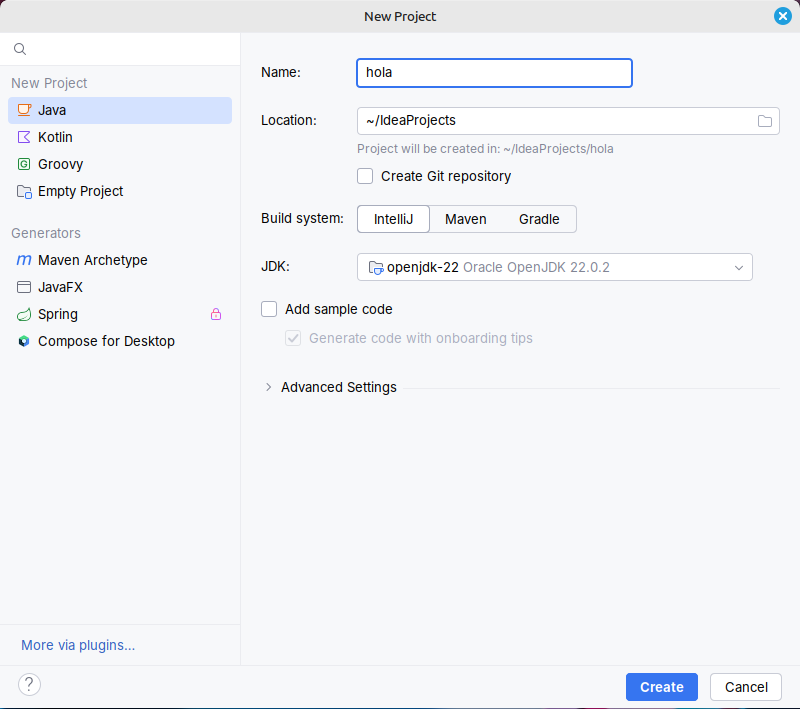 New Project IntelliJ